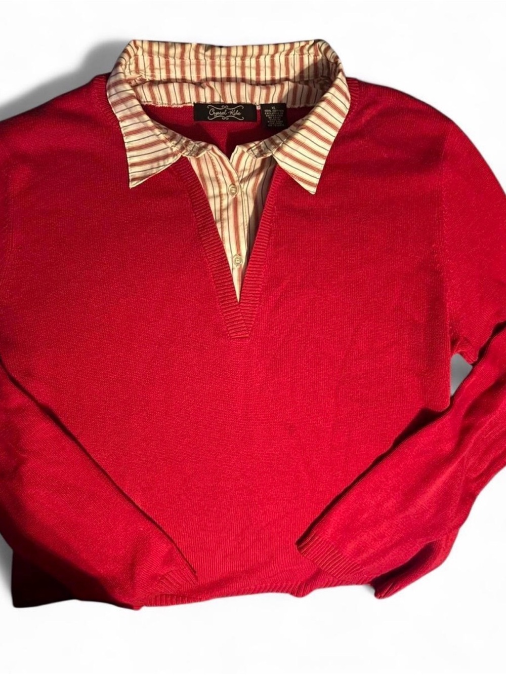 Women's Red V-Neck Pullover Sweater with Built-In Collar